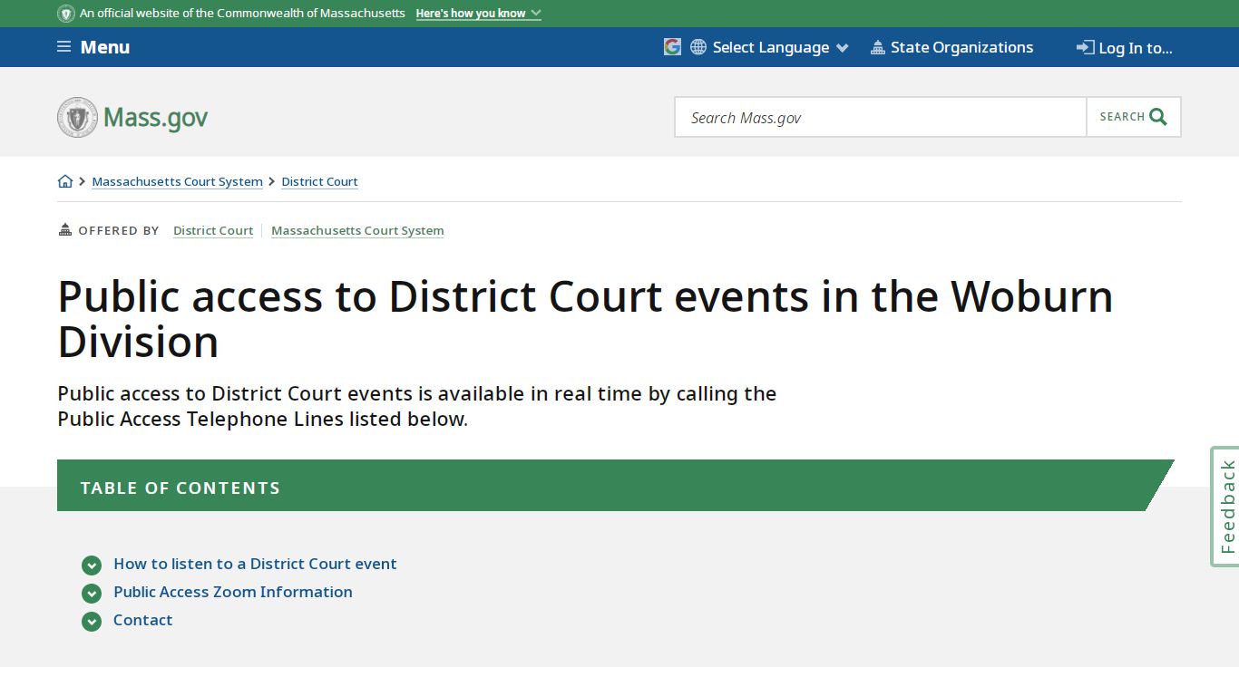 Public access to District Court events in the Woburn Division